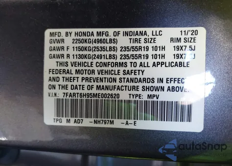 2021 Honda Cr-V Hybrid Touring z USA, uszkodzony, nr VIN 7FART6H95ME002620